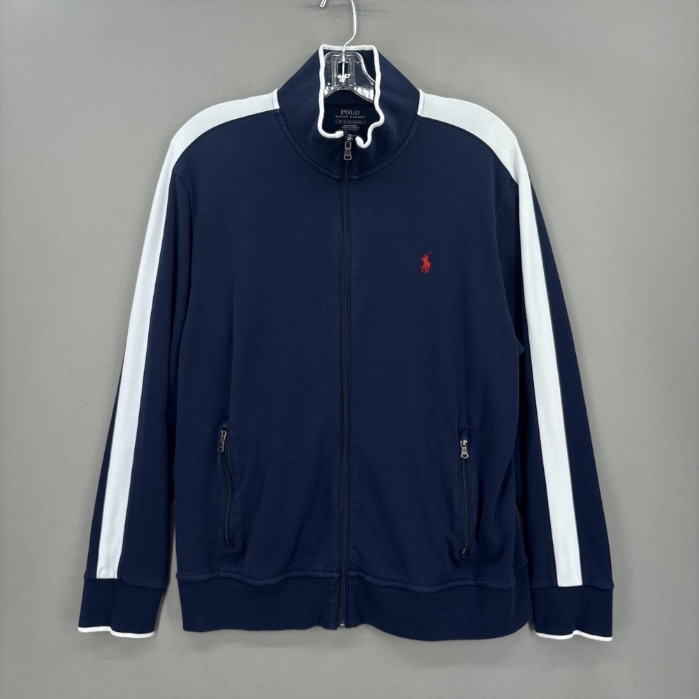 Polo Ralph Lauren Jacket Mens XL Blue Full Zip Track Stripe Cotton Athletic